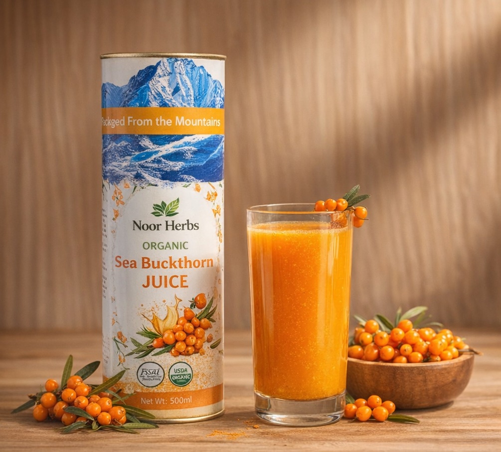 Noor Herbs Organic Sea Buckthorn Juice canister with a glass of juice and fresh berries