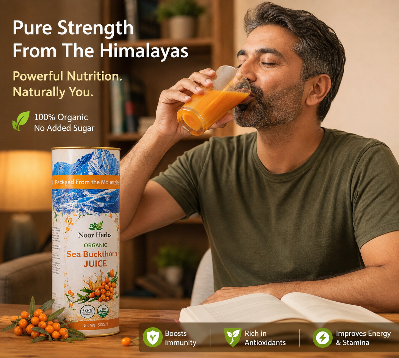 Man drinking Noor Herbs Sea Buckthorn Juice — pure strength from the Himalayas
